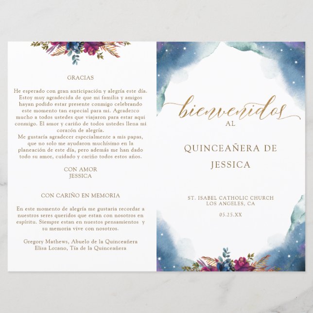 Spanska celestial Starry Quinceañera-programmet (Framsida)