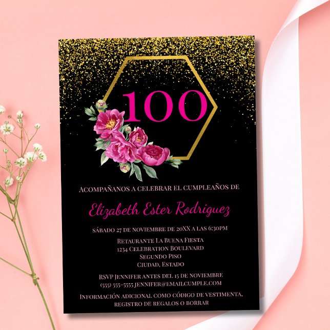 Spanska Charming Black Guld & Rosa 100:e födelseda Inbjudningar (Skapare uppladdad)