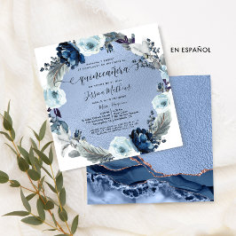 Spanska Chic Blå Blommor Agat Folie Quinceañera Inbjudningar