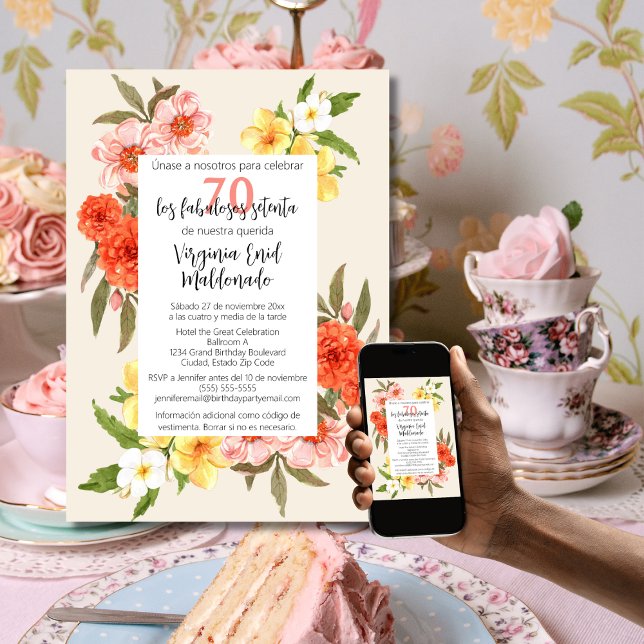 Spanska Chic Blommor Vit Ram 70-årsdag Inbjudningar (Skapare uppladdad)