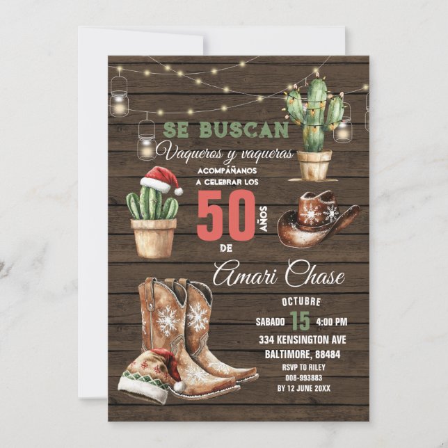 Spanska Cowboy Cactus jul 50 Años Birthday Inbjudningar (Framsida)