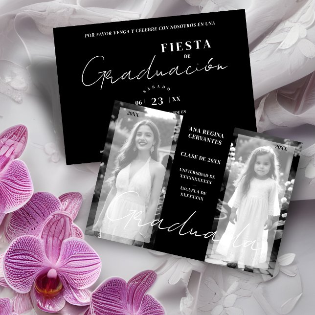 Spanska Då Nu Minimal Svart Vit 2 Bilder Grad Inbjudningar (Spanish Chic Then & Now Minimal Black & White 2 Photos Graduation Invitation with Envelope.)