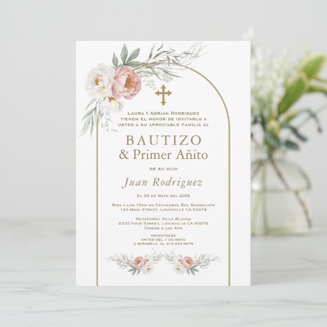 Spanska Dammtrosa blommor Dop 1:a födelsedagen Inbjudningar (Stående Fram)