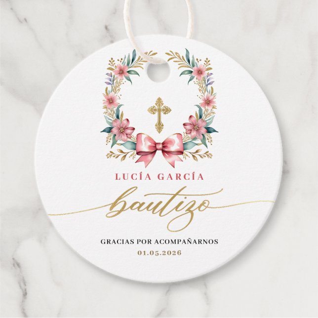Spanska De Bautizo Gracias Guld & Rosa Gåvor Etiketter (Framsida)