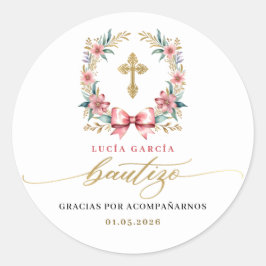 Spanska De Bautizo Gracias Guld & Rosa Runt Klistermärke