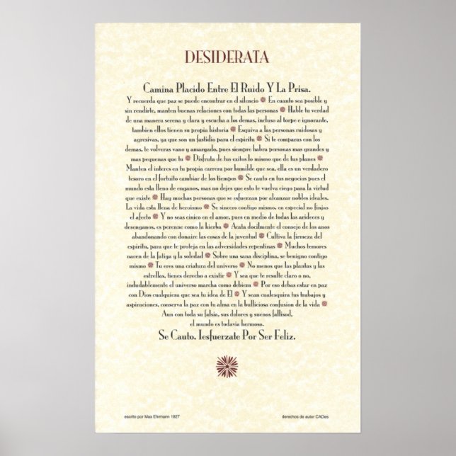 Spanska DESIDERATA Poster=Max Ehrmann=Parchment Poster (Framsidan)