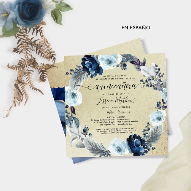 Spanska, Elegant Blue och Guld, Blommigt Quinceañe Inbjudningar (Skapare uppladdad)