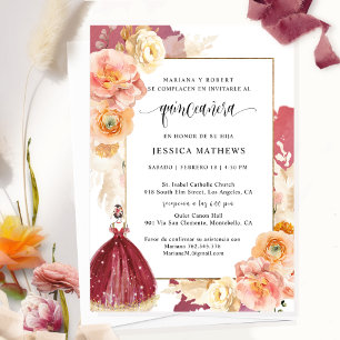 Spanska, Elegant Burgundy Blommigt Quinceañera Inbjudningar