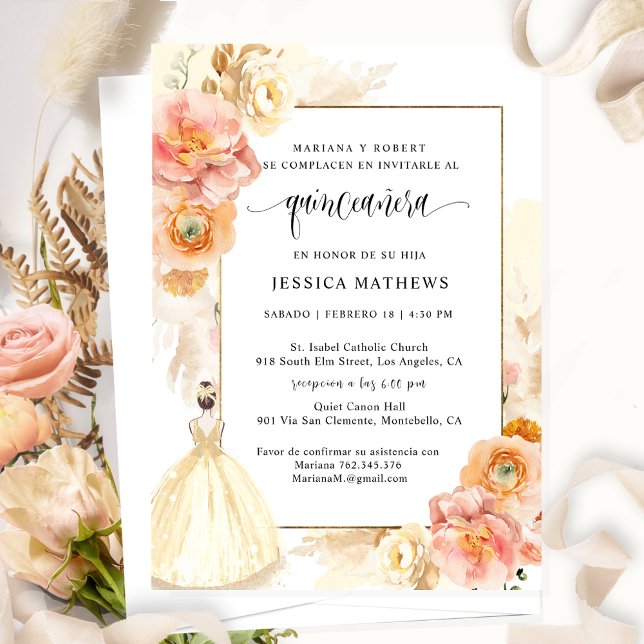 Spanska, Elegant Champagne Blommigt Quinceañera Inbjudningar (Skapare uppladdad)