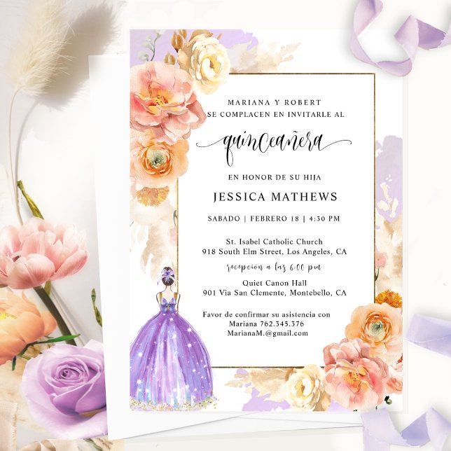 Spanska, Elegant Lila Blommigt Quinceañera Inbjudningar (Skapare uppladdad)
