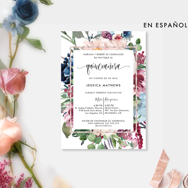 Spanska, Elegant Pastel Blommigt Quinceañera Inbjudningar (Skapare uppladdad)