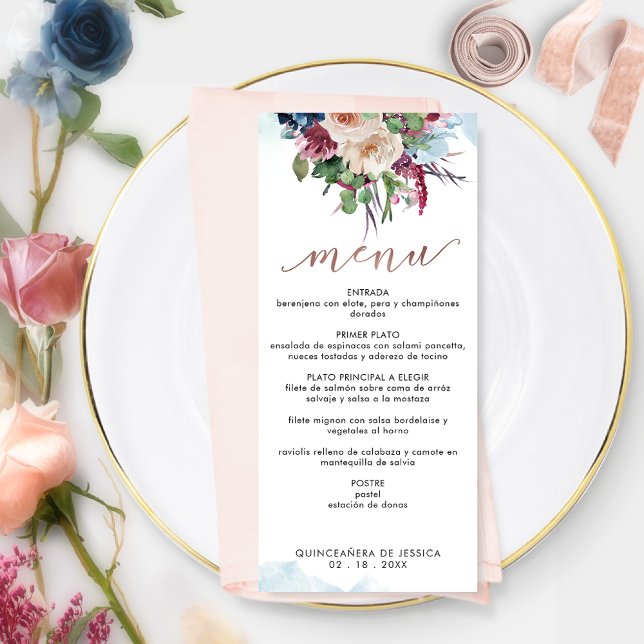 Spanska, Elegant Pastel Blommigt Quinceañera Menu Meny (Skapare uppladdad)