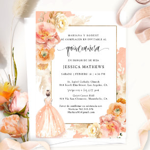 Spanska, Elegant Peach Blommigt Quinceañera Inbjudningar