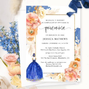 Spanska, Elegant Royal Blue Blommigt Quinceañera Inbjudningar