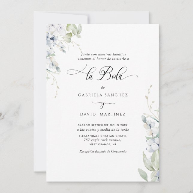 Spanska, Elegant Vita och Blå Blommigten Bröllop Inbjudningar (Framsida)