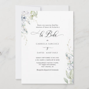 Spanska, Elegant Vita och Blå Blommigten Bröllop Inbjudningar