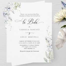 Spanska, Elegant Vita och Blå Blommigten Bröllop Inbjudningar