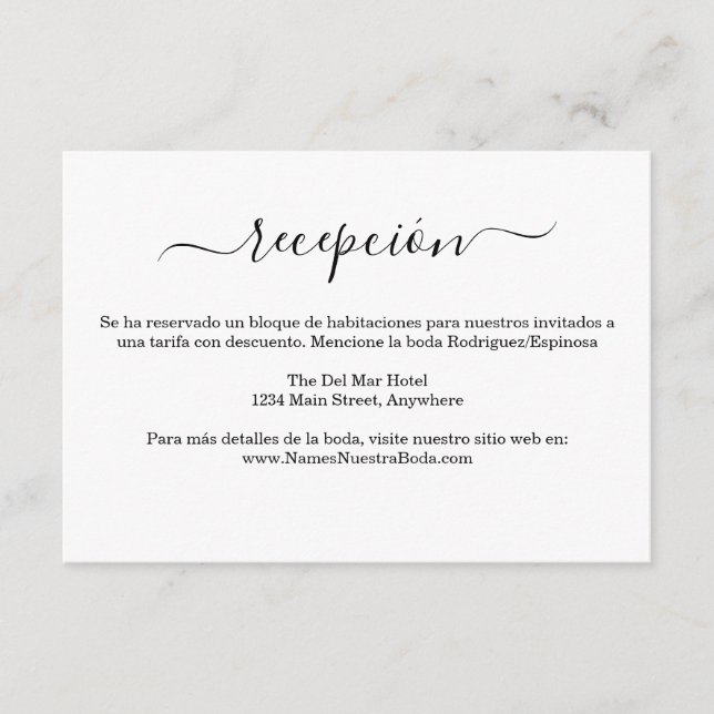 Spanska Elegante Bianco Y Negro Boda Information Tilläggskort (Framsida)