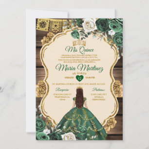 Spanska Emerald Grönt Blommigt Wood Quiñceanera Inbjudningar