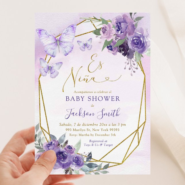 Spanska Es Niña Lila Blommigt Baby Shower Inbjudningar (Skapare uppladdad)