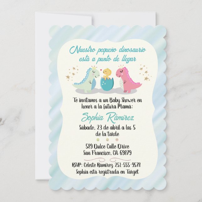 Spanska/Español Baby Shower Dinosaurs Watercolor Inbjudningar (Framsida)