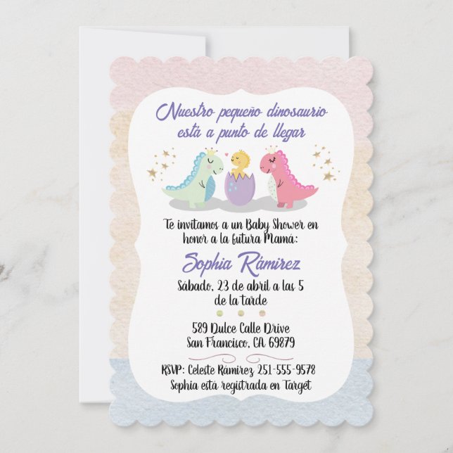 Spanska/Español Baby Shower Dinosaurs Watercolor Inbjudningar (Framsida)