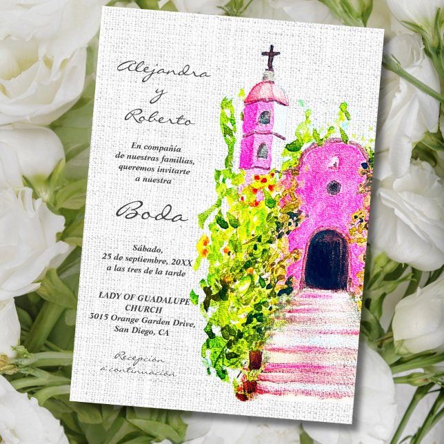 Spanska, färglös Rosa Chapel Mexikanska Bröllop Inbjudningar (Skapare uppladdad)