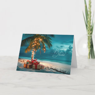 Spanska Feliz Navidad Lit Handflatan Träd Beach Helgkort