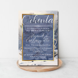 Spanska Finare Blue Guld Tea Party 80:e födelsedag Inbjudningar