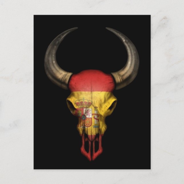 Spanska Flagga Bull Skull on Black Vykort (Framsida)