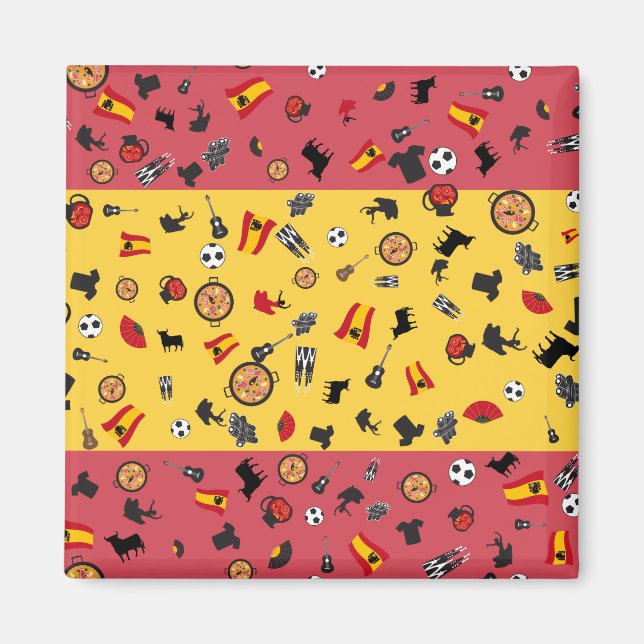 Spanska Flagga med berömdar i Spanien Magnet (Framsidan)