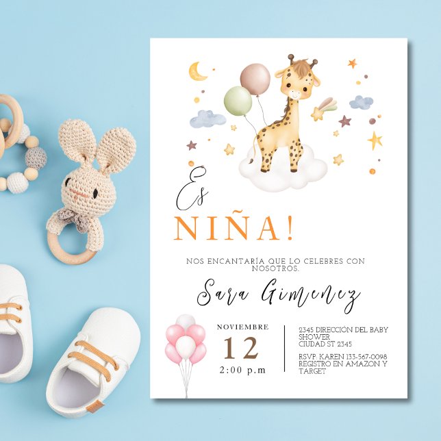 Spanska Flicka-skuvgiraffe med ballonger Inbjudningar (Spanish Baby Girl Shower Giraffe With Balloons Invitation)