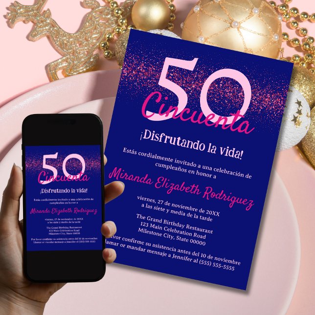 Spanska flottan Hot Pink Eleganta Kvinnors 50-årsd Inbjudningar (Skapare uppladdad)