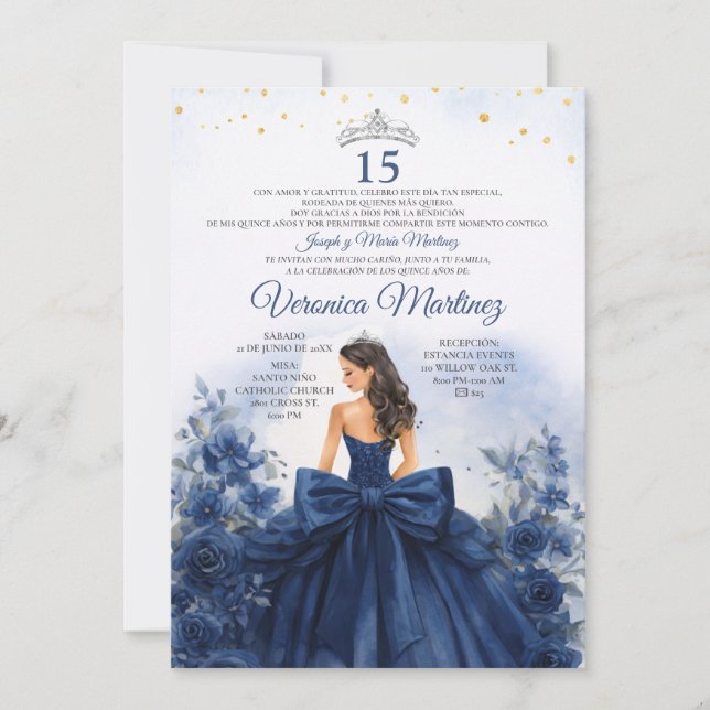 Spanska flottans blå prinsessa blommig Sweet 15 Añ Inbjudningar (Framsida)
