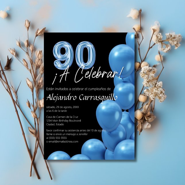 Spanska Förfinade Blå Ballonger Svarta 90-årsdag Inbjudningar (Skapare uppladdad)