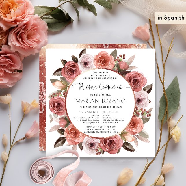 Spanska, Första Kommunionen, Roséguld Blommig Inbjudningar (Skapare uppladdad)