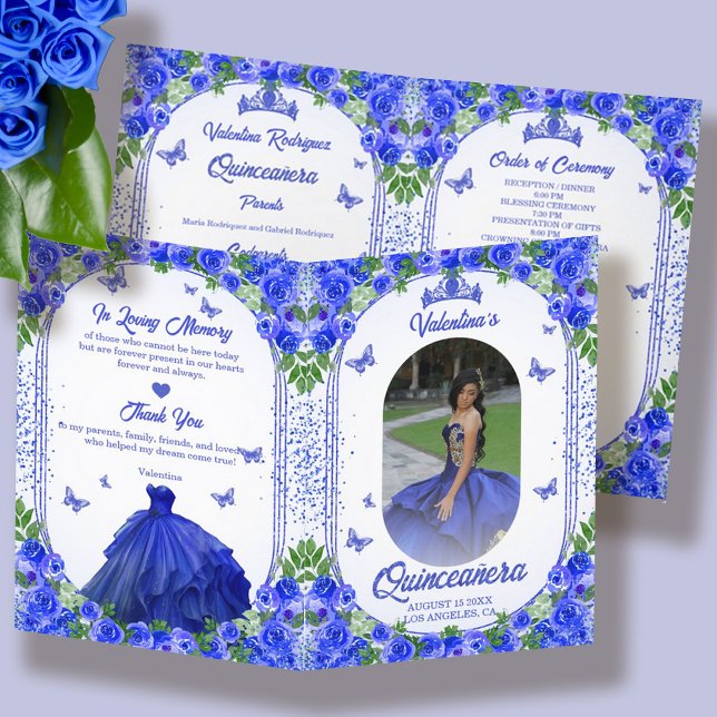 Spanska foto-Royalet Blue Quinceanera Program (Spanish Photo Rose Gold Blush Pink Quinceanera Program)