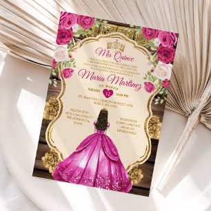 Spanska Fuchsia Rosa Blommigt Wood Mis Quince Inbjudningar