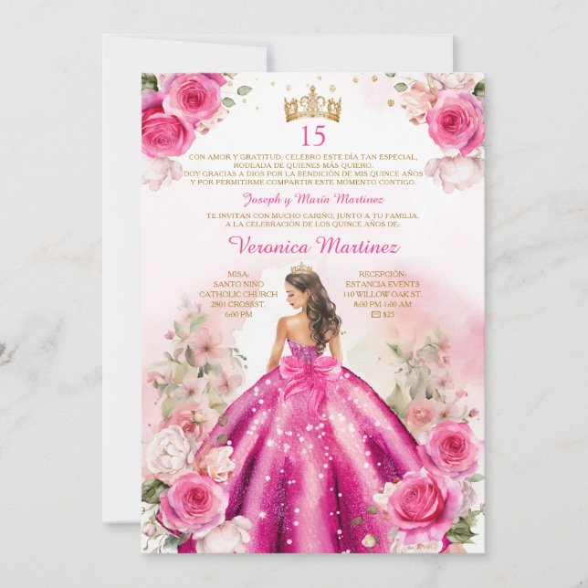 Spanska Fuchsia-Rosan Princess 15 Años Birthday Inbjudningar (Framsida)