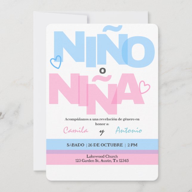 Spanska Genderna - inbjudan Boho Rosa eller Blue (Framsida)