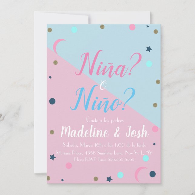 Spanska Genderna Reveal Boy eller Girl Stars Måne Inbjudningar (Framsida)