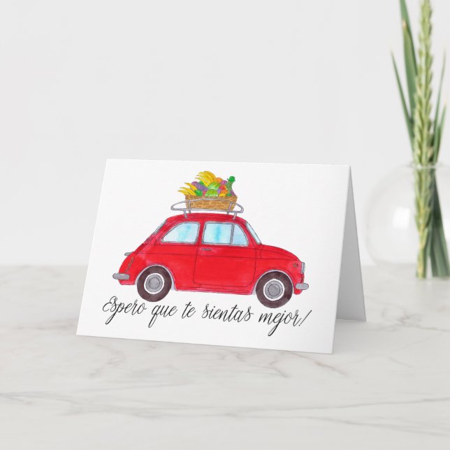 Spanska Get well Red Retro Fiat 500 Kort (Framsida)