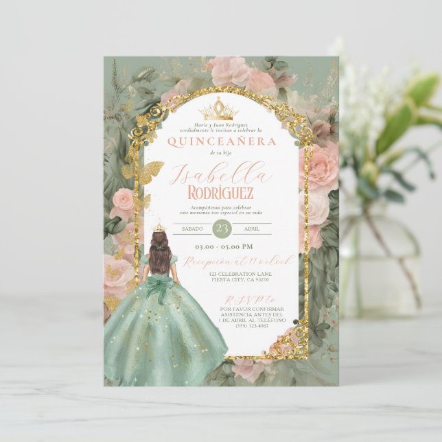 Spanska Grönten Quinceañera 15 Anos Inbjudningar (Stående Fram)