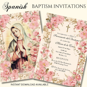Spanska Guadalupe Baptism Rosa Blommigt Inbjudningar