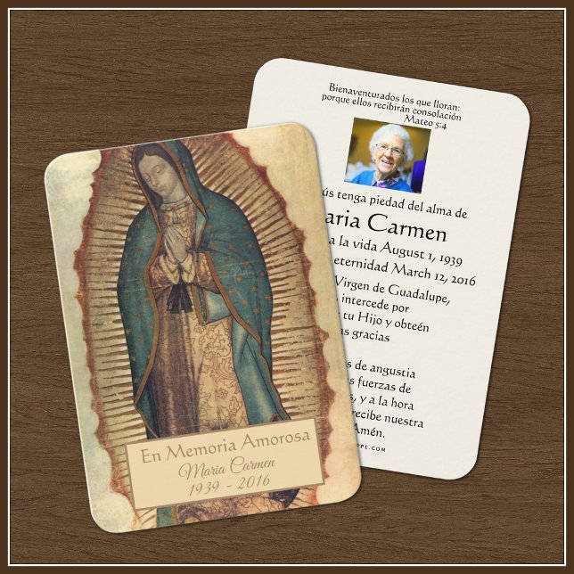 Spanska Guadalupe Mary Funeral Prayer Heliga Card Placeringskort (Skapare uppladdad)