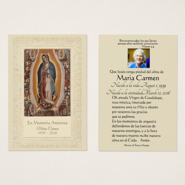 Spanska Guadalupe Mary Funeral Prayer Heliga Card Visitkort (Framsida & baksida)