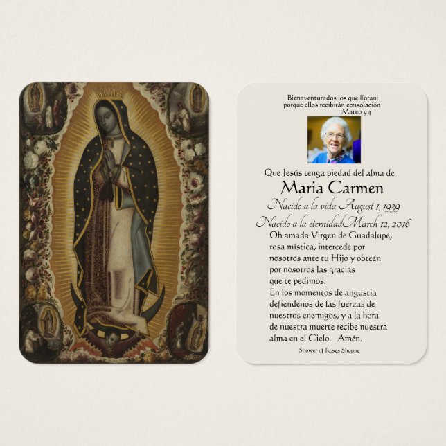 Spanska Guadalupe Mary Funeral Prayer Heliga Card Visitkort (Framsida & baksida)