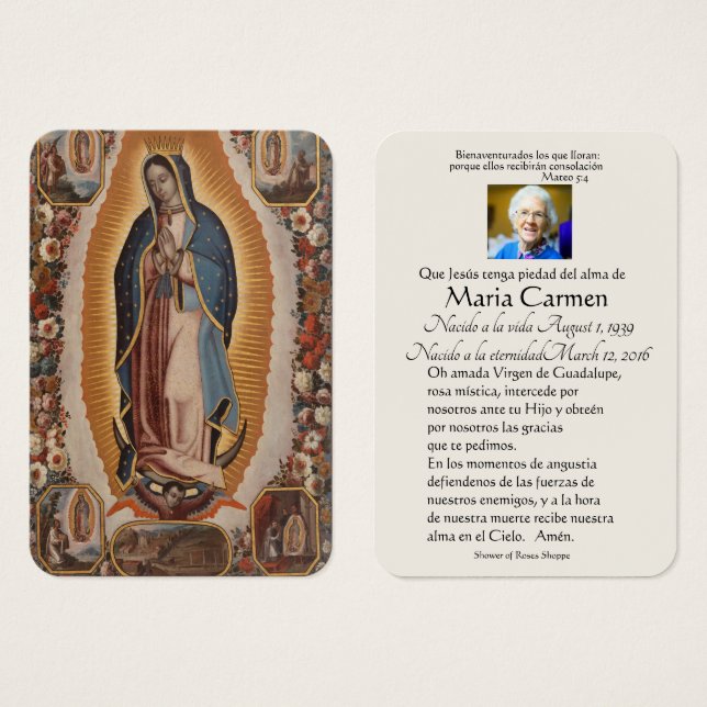 Spanska Guadalupe Mary Funeral Prayer Heliga Card Visitkort (Framsida & baksida)