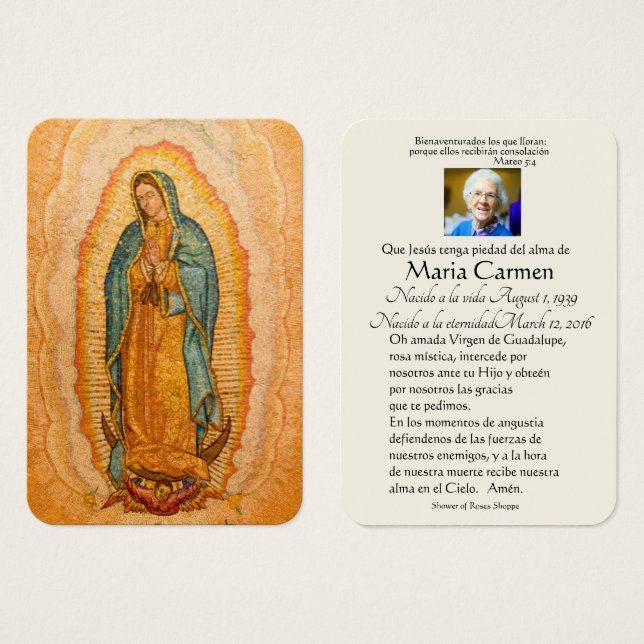 Spanska Guadalupe Mary Funeral Prayer Heliga Card Visitkort (Framsida & baksida)
