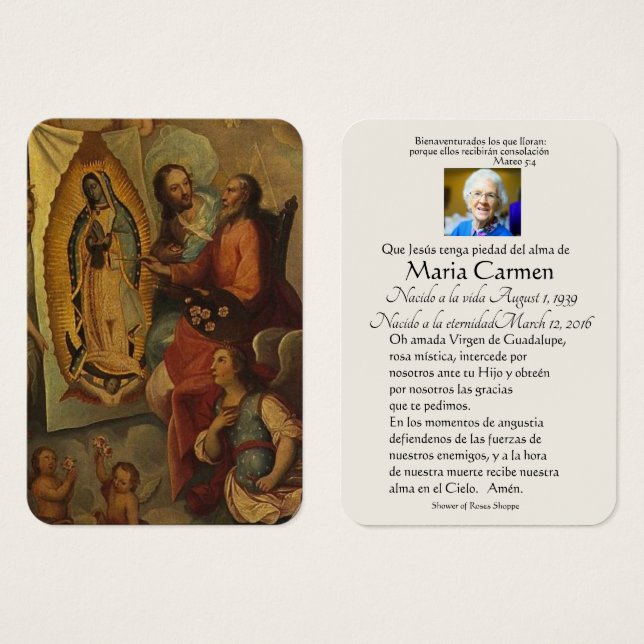 Spanska Guadalupe Mary Funeral Prayer Heliga Card Visitkort (Framsida & baksida)